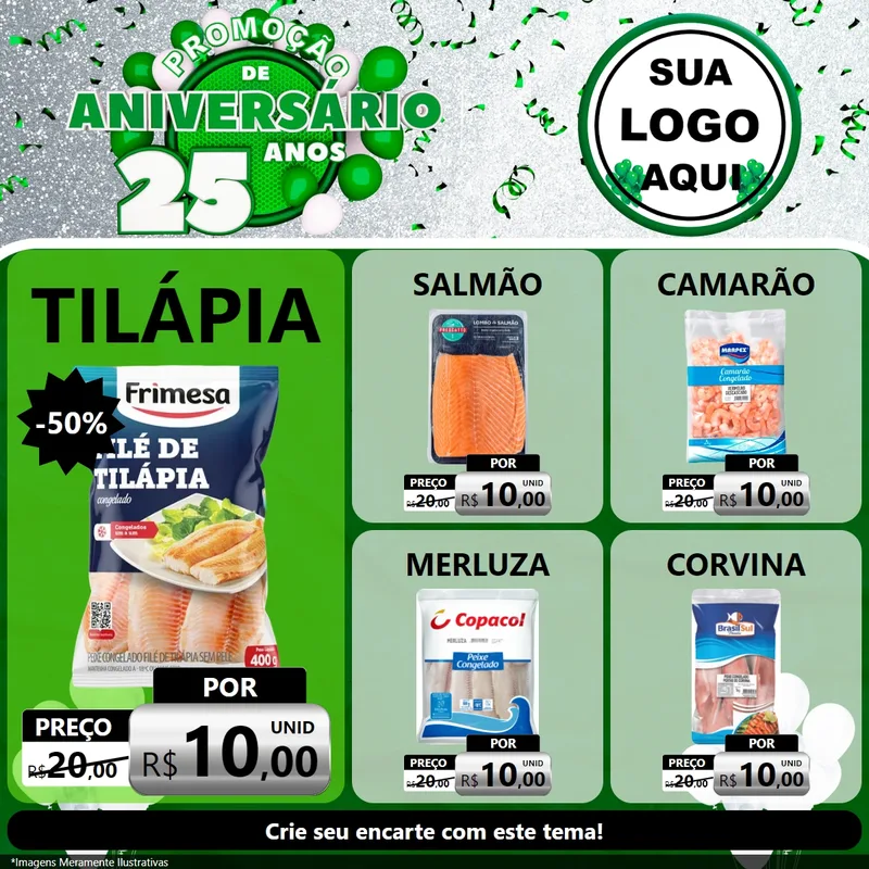 Modelo de Rede Social para Feed Facebook com o tema Promoção de Aniversário - 25 Anos para Peixaria