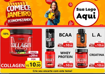 Modelo de Encarte para Encarte A4 Horizontal com o tema Comece Janeiro Economizando para Suplementos alimentares