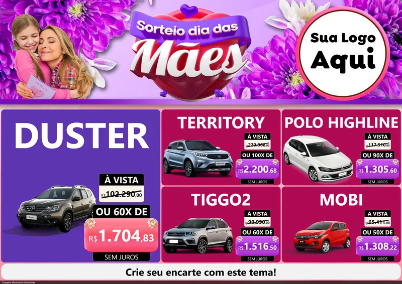 Modelo de Encarte para Encarte A4 Horizontal com o tema Sorteio Dia das Mães para Concessionaria de Carros