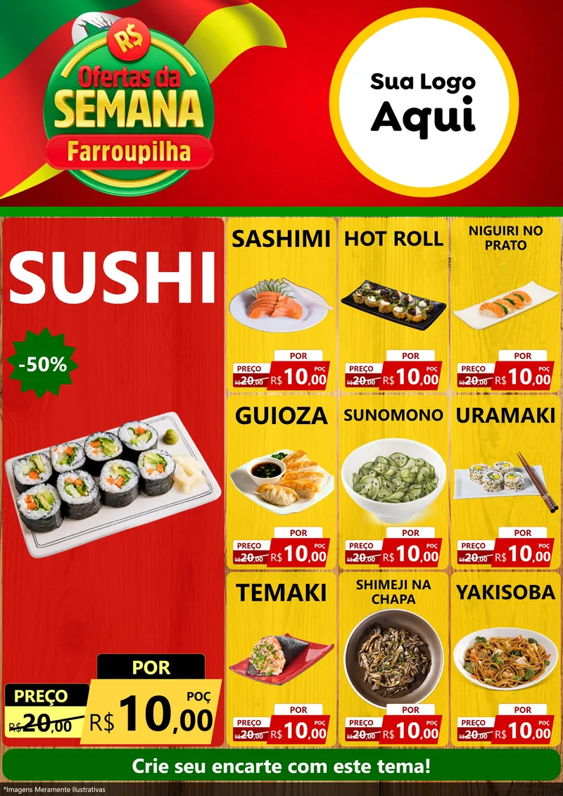 Modelo de Encarte para Encarte A4 Vertical com o tema Ofertas da Semana Farroupilha para Comida japonesa