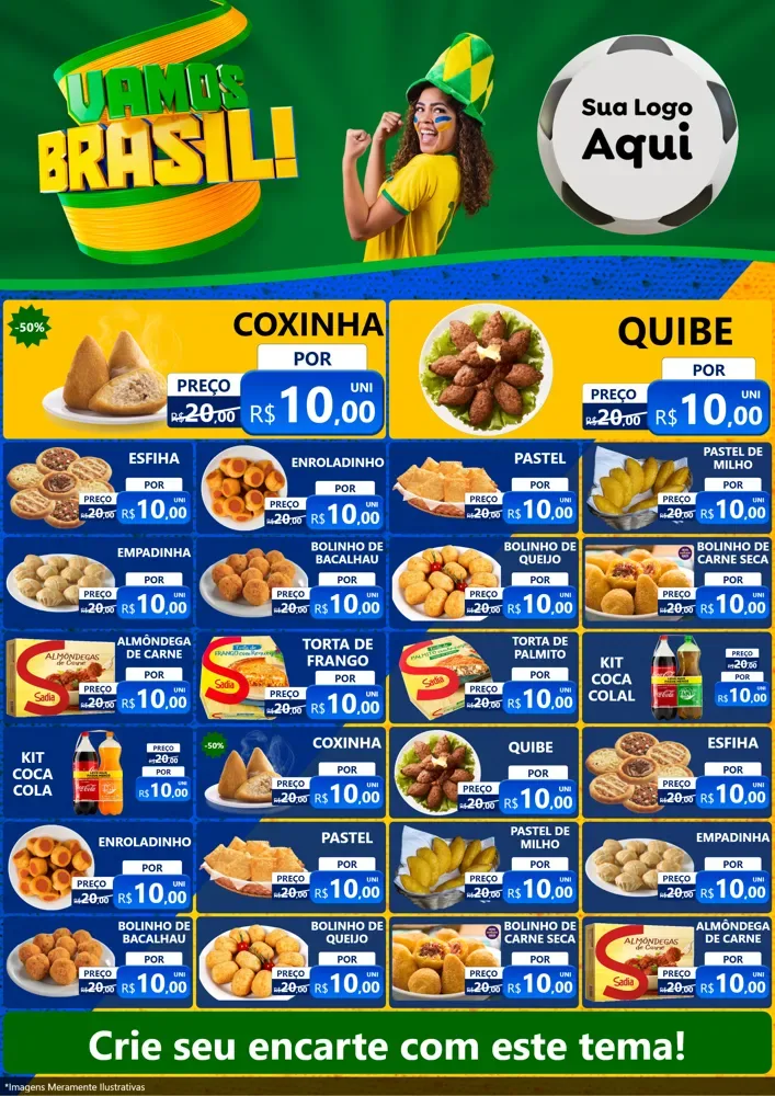 Modelo de Encarte para Encarte A4 Vertical com o tema Vamos Brasil - Copa para Salgadaria