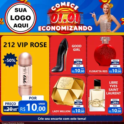 Modelo de Rede Social para Feed Facebook com o tema Comece 1º de Janeiro Economizando para Perfumes