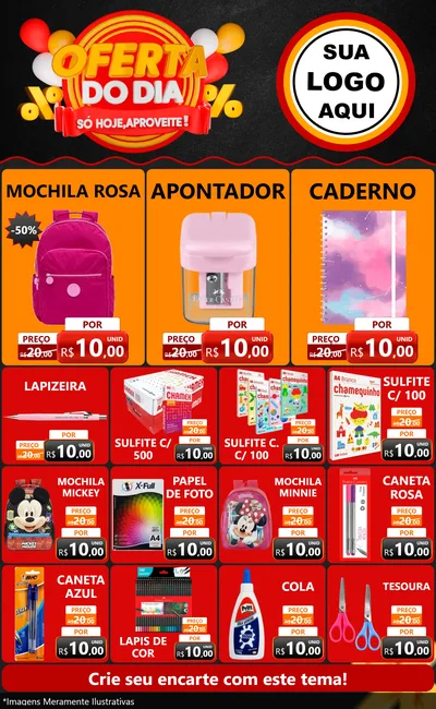 Modelo de Encarte para Encarte Grande com o tema Oferta do Dia - Só hoje, Aproveite! para Papelaria