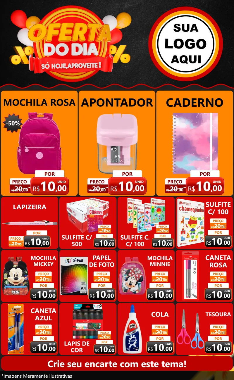 Modelo de Encarte para Encarte Grande com o tema Oferta do Dia - Só hoje, Aproveite! para Papelaria