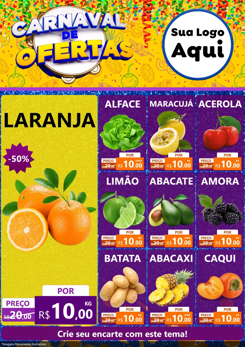 Modelo de Encarte para Encarte A4 Vertical com o tema Carnaval de Ofertas para Hortifrúti