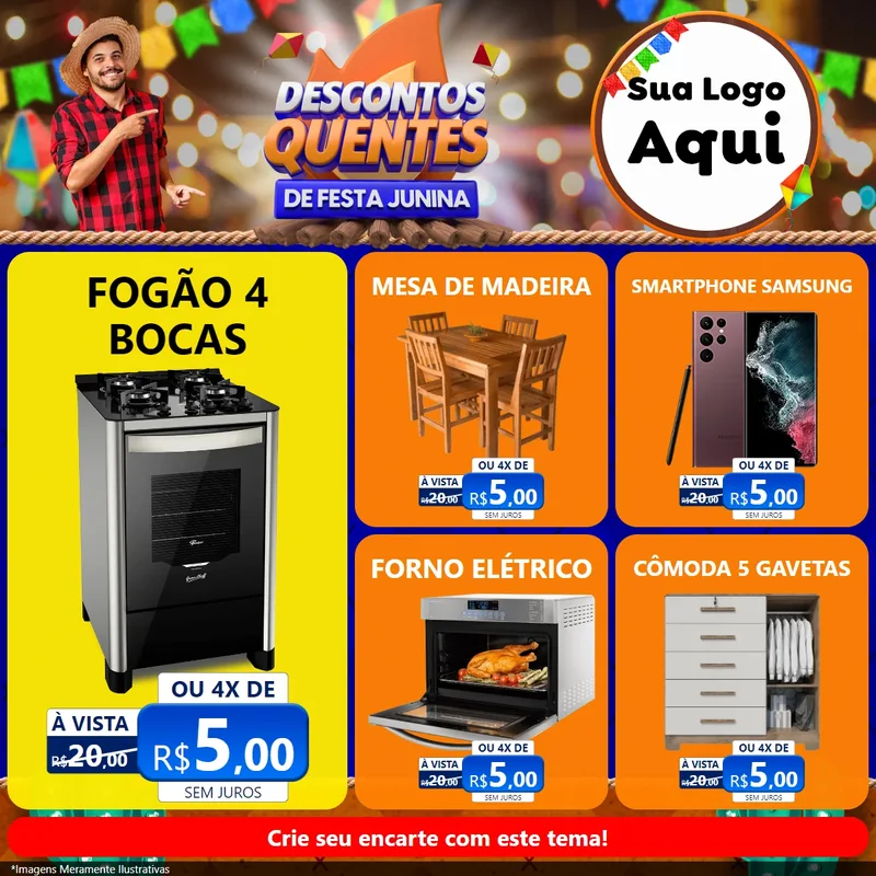 Modelo de Rede Social para Feed Facebook com o tema Descontos Quentes de Festa Junina para Móveis e Eletro