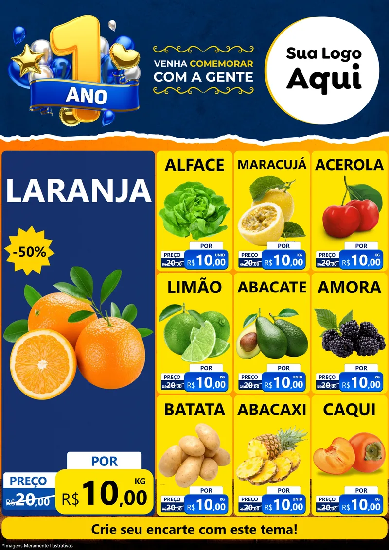 Modelo de Encarte para Encarte A4 Vertical com o tema Um Ano de Aniversário para Hortifrúti
