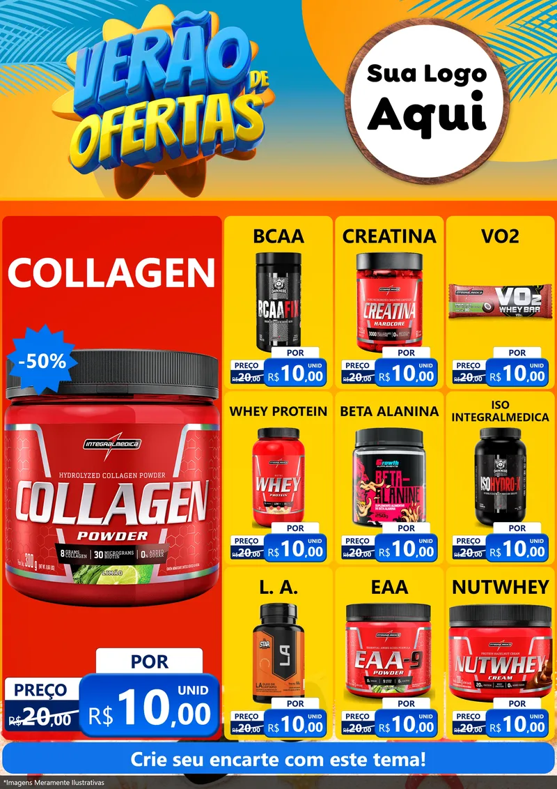 Modelo de Encarte para Encarte A4 Vertical com o tema Verão de Ofertas para Suplementos alimentares