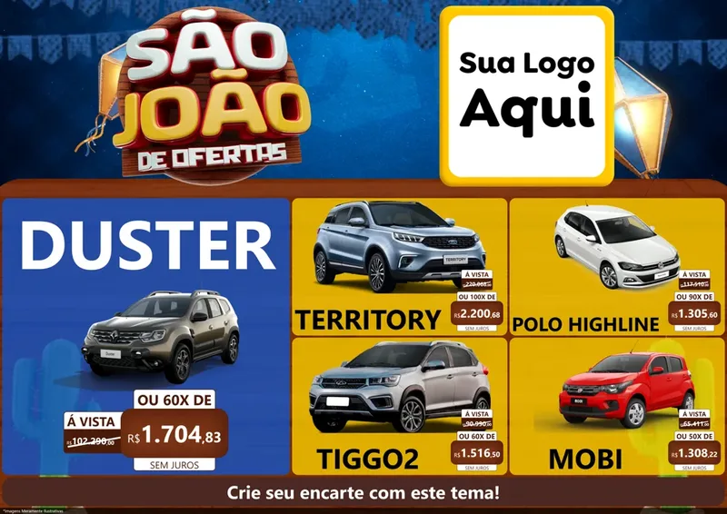 Modelo de Encarte para Encarte A4 Horizontal com o tema São João Ofertas Imbatíveis! - Junina para Concessionaria de Carros