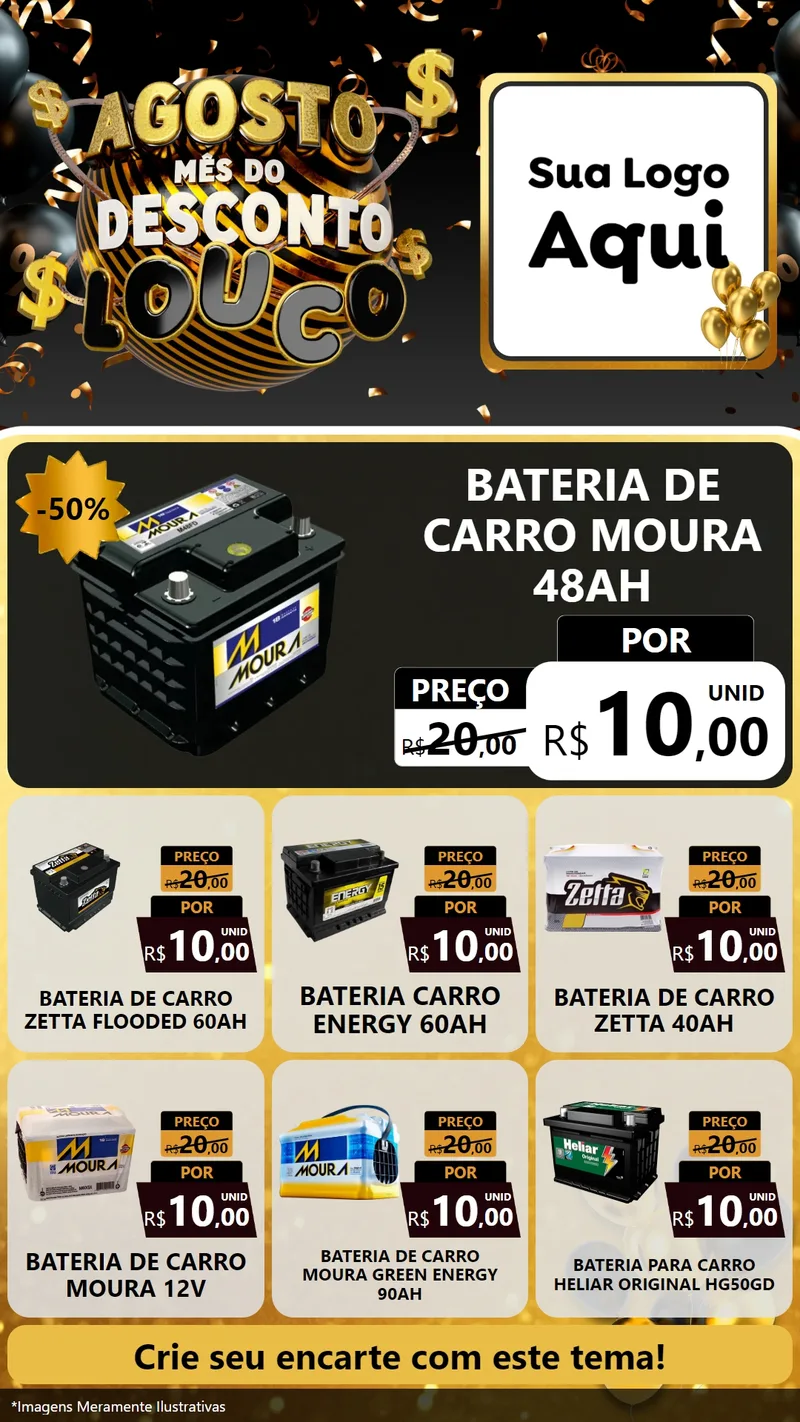 Modelo de Rede Social para Stories com o tema Agosto Mês do Desconto Louco para Baterias Elétricas