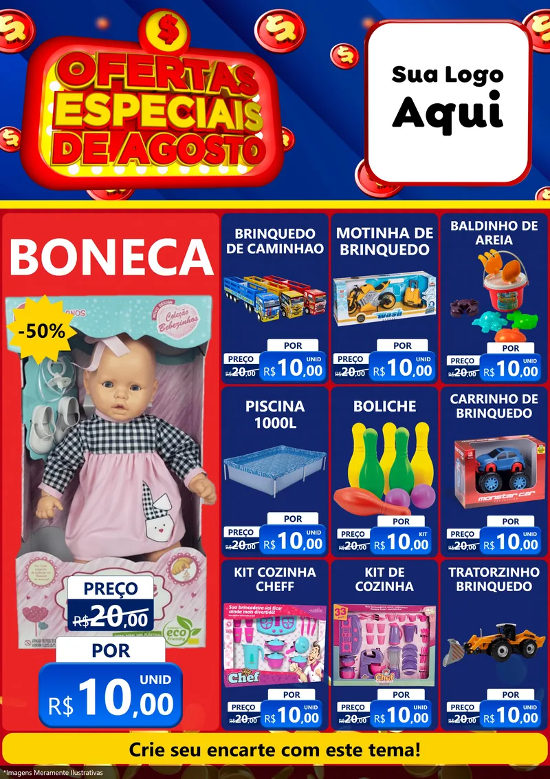 Modelo de Encarte para Encarte A4 Vertical com o tema Ofertas Especiais de Agosto para Brinquedos