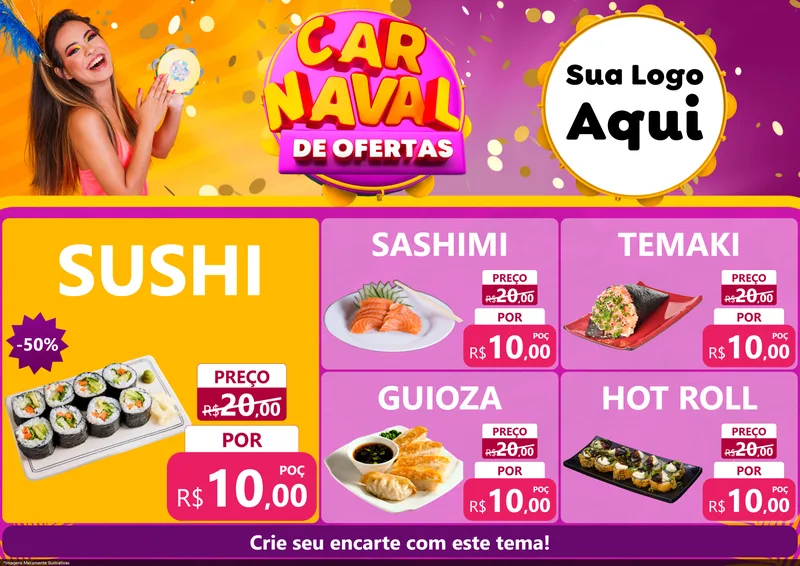 Modelo de Encarte para Encarte A4 Horizontal com o tema Carnaval de Ofertas para Comida japonesa