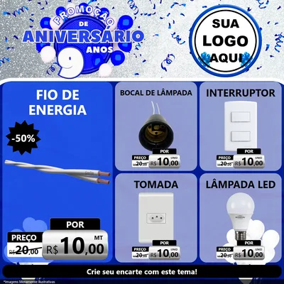 Modelo de Rede Social para Feed Facebook com o tema Promoção de Aniversário - 9 Anos para Materiais Elétricos
