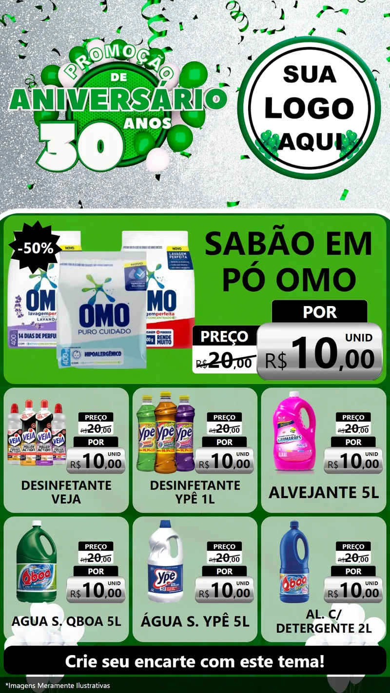 Modelo de Rede Social para Stories com o tema Promoção de Aniversário - 30 Anos para Produtos de Limpeza