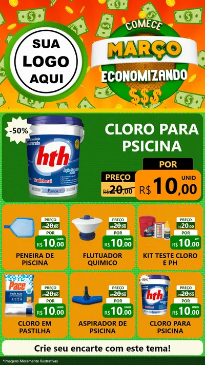 Modelo de Rede Social para Stories com o tema Comece Março Economizando para Produtos para Piscina