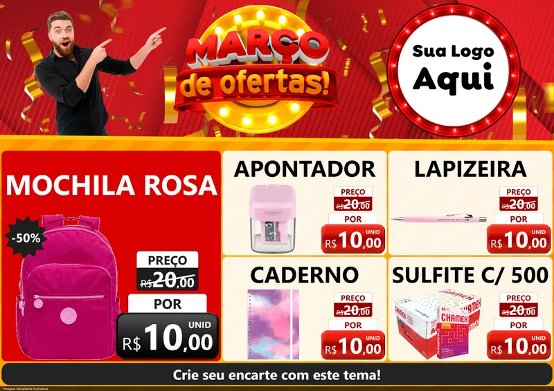 Modelo de Encarte para Encarte A4 Horizontal com o tema Março de Ofertas! para Papelaria
