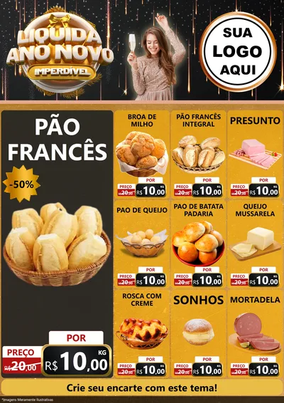 Modelo de Encarte para Encarte A4 Vertical com o tema Liquida Ano Novo Imperdível para Padaria