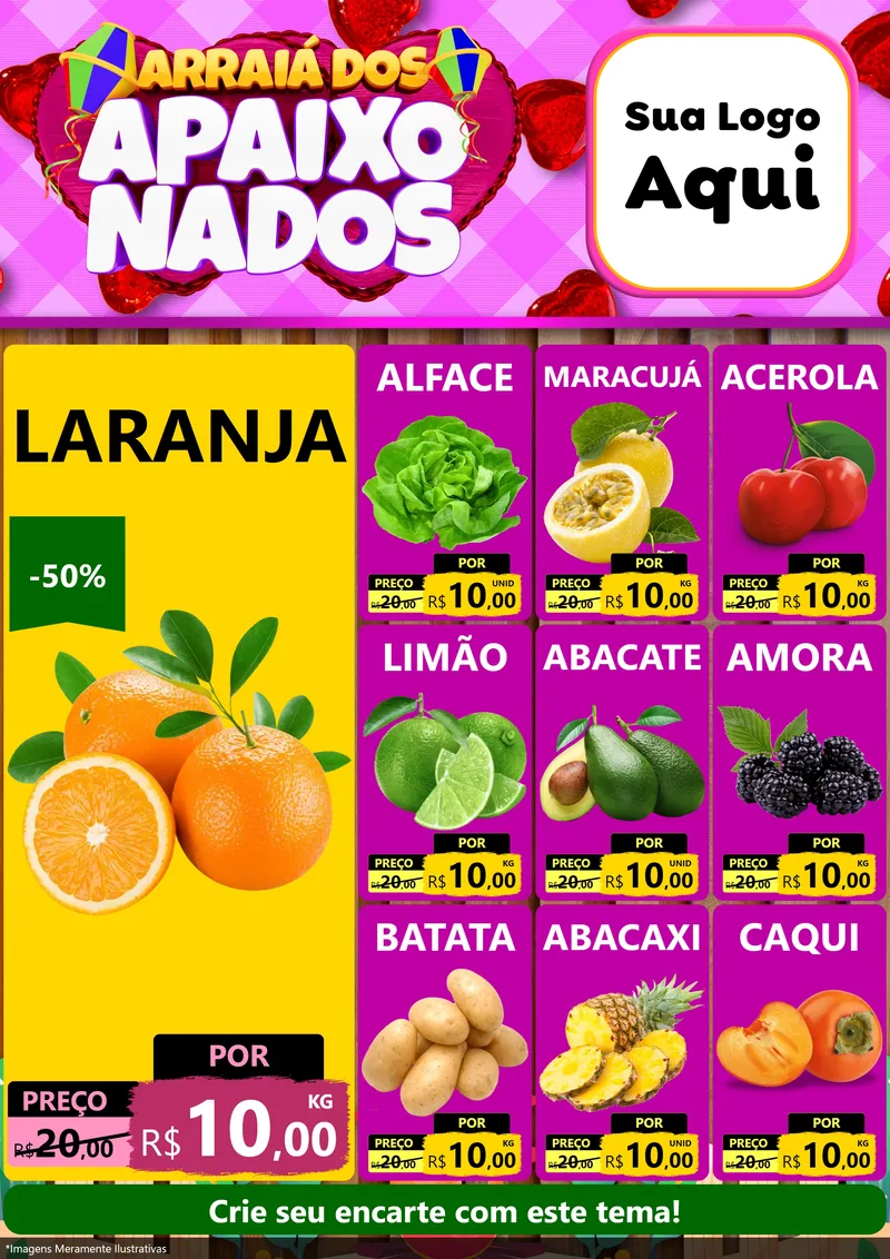Modelo de Encarte para Encarte A4 Vertical com o tema Arraiá dos Apaixonados para Hortifrúti