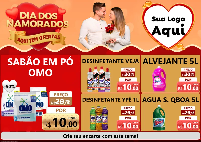 Modelo de Encarte para Encarte A4 Horizontal com o tema Dia dos Namorados - Aqui Tem Ofertas para Produtos de Limpeza