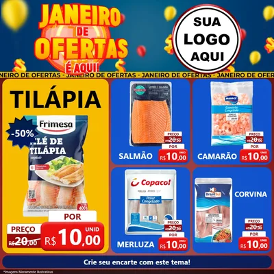 Modelo de Rede Social para Feed Facebook com o tema Janeiro de Ofertas É Aqui! para Peixaria