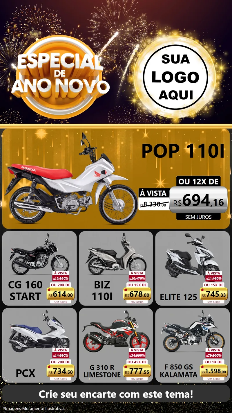 Modelo de Rede Social para Stories com o tema Especial de Ano Novo para Concessionaria de Motos