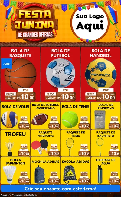 Modelo de Encarte para Encarte Grande com o tema Festa Junina de Grandes Ofertas para Artigos Esportivos