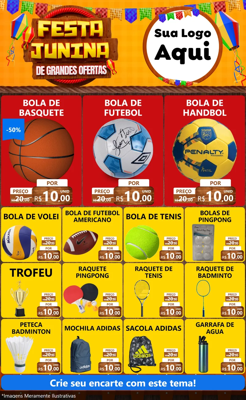 Modelo de Encarte para Encarte Grande com o tema Festa Junina de Grandes Ofertas para Artigos Esportivos