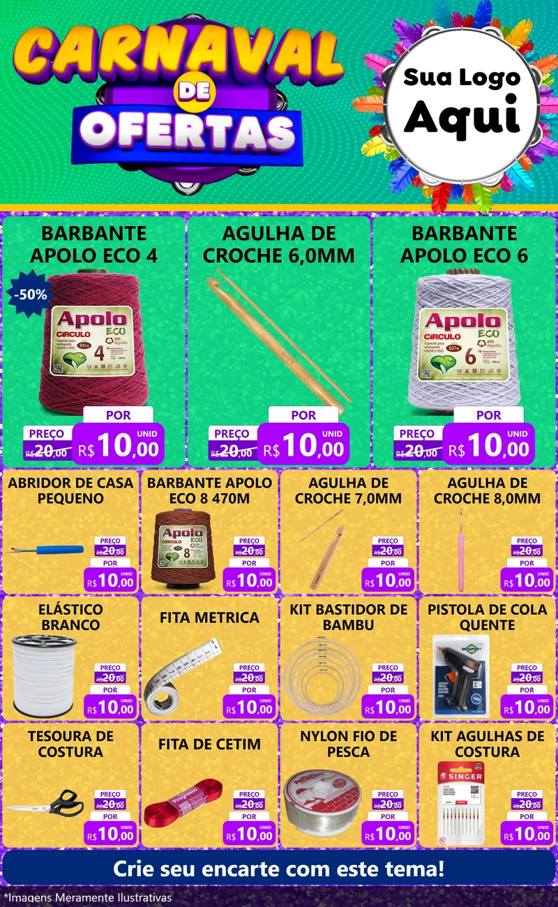 Modelo de Encarte para Encarte Grande com o tema Carnaval de Ofertas para Armarinho e Aviamentos