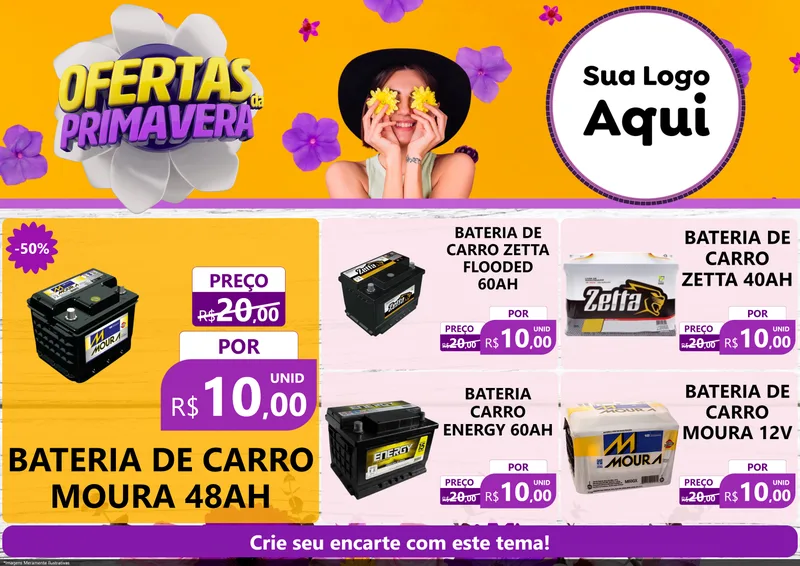 Modelo de Encarte para Encarte A4 Horizontal com o tema Ofertas Da Primavera para Baterias Elétricas