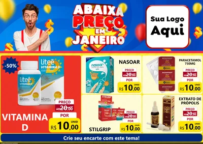 Modelo de Encarte para Encarte A4 Horizontal com o tema Abaixa Preço em Janeiro para Farmácia