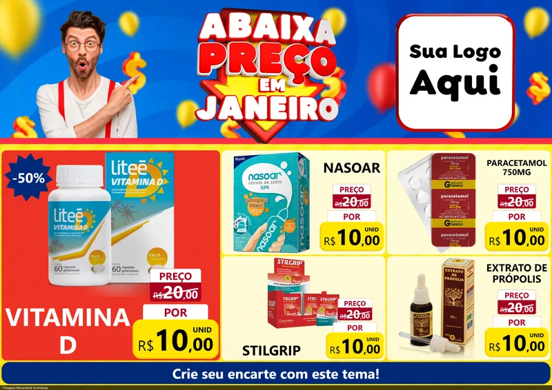 Modelo de Encarte para Encarte A4 Horizontal com o tema Abaixa Preço em Janeiro para Farmácia