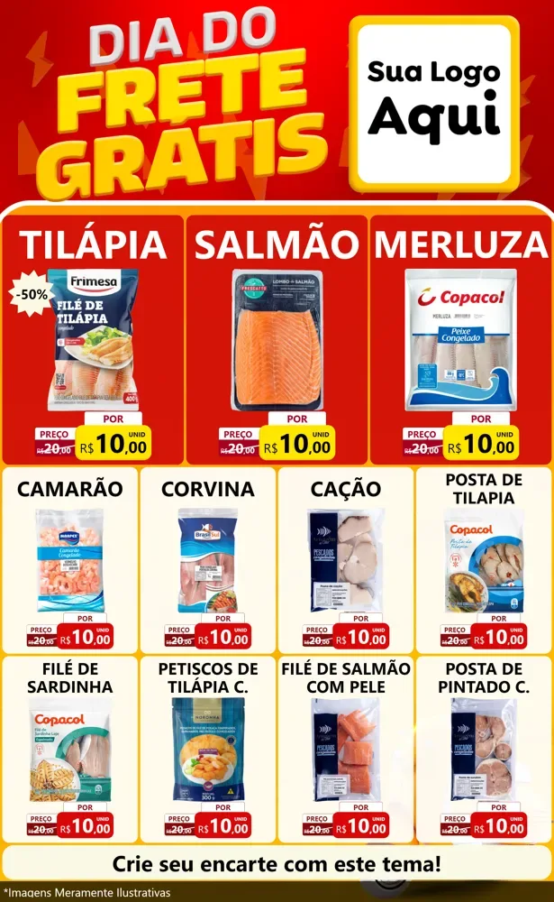 Modelo de Encarte para Encarte Grande com o tema Dia do Frete Grátis para Peixaria
