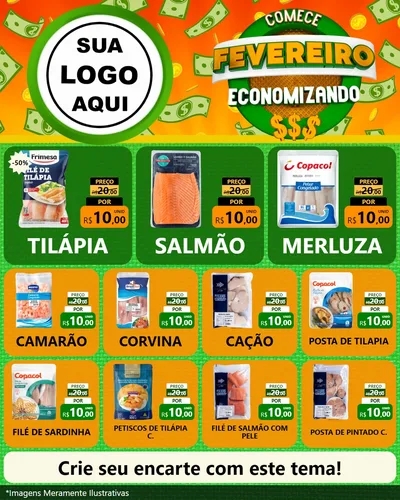 Modelo de Rede Social para Feed Instagram com o tema Comece Fevereiro Economizando para Peixaria