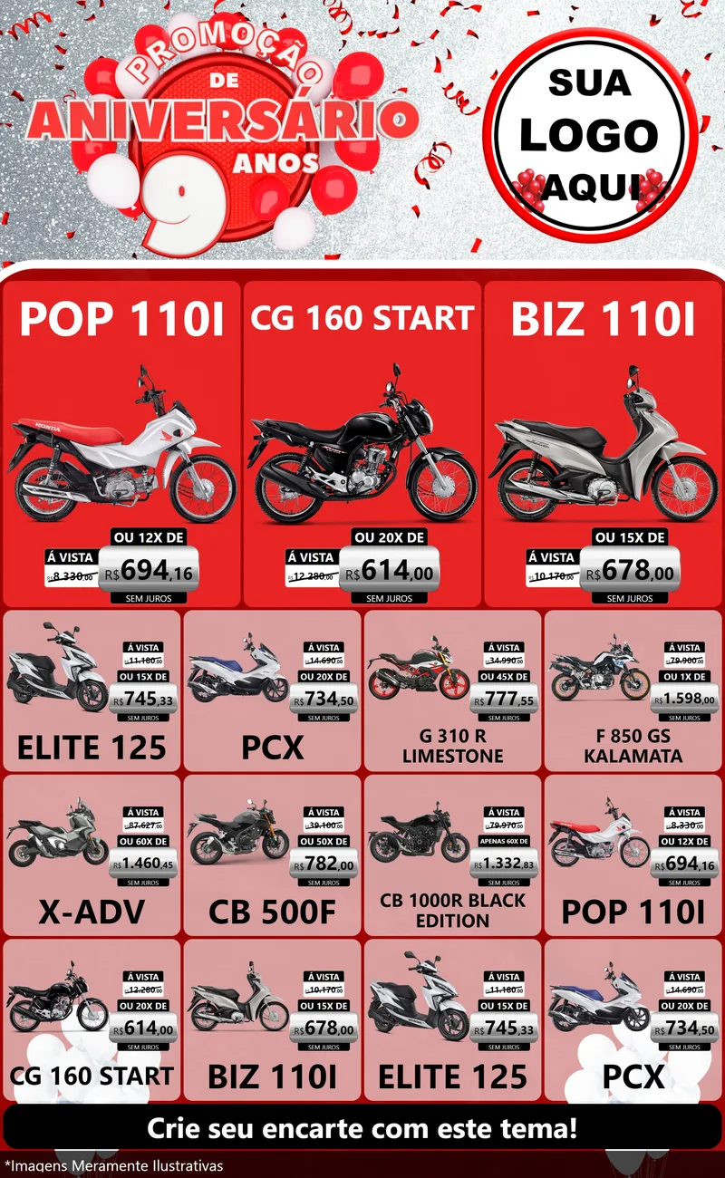 Modelo de Encarte para Encarte Grande com o tema Promoção de Aniversário - 9 Anos para Concessionaria de Motos