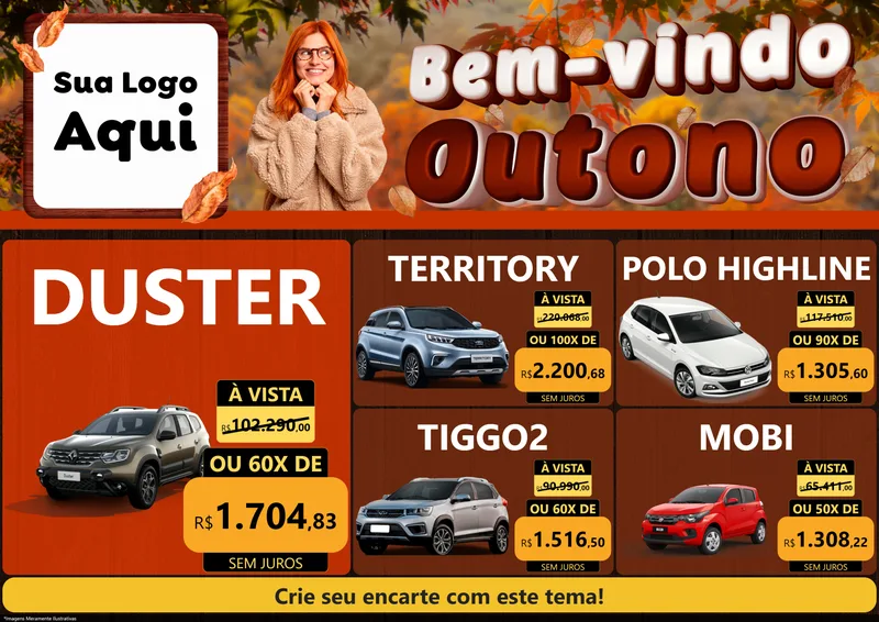 Modelo de Encarte para Encarte A4 Horizontal com o tema Bem-vindo Outono para Concessionaria de Carros