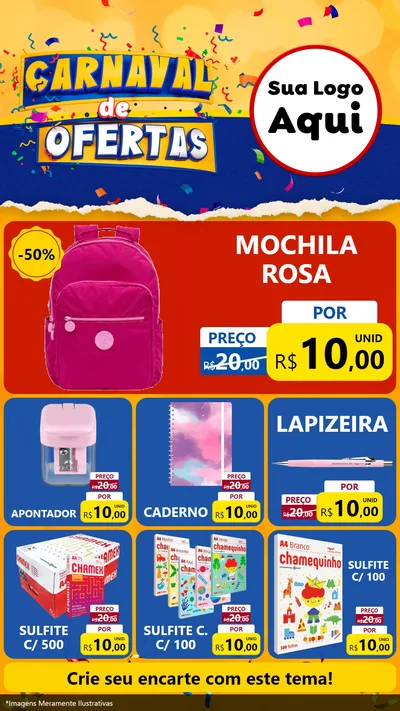 Modelo de Rede Social para Stories com o tema Carnaval de Ofertas para Papelaria
