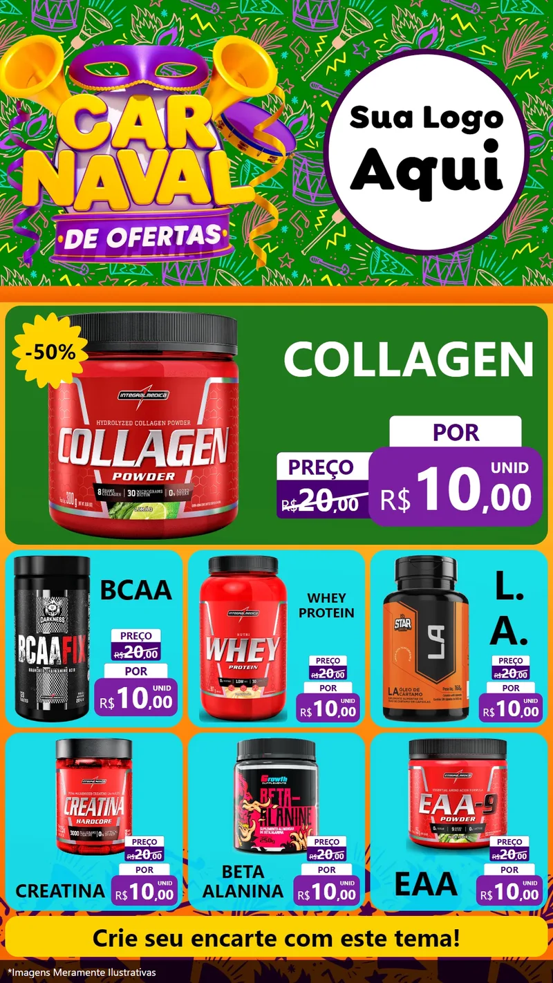 Modelo de Rede Social para Stories com o tema Carnaval de Ofertas para Suplementos alimentares