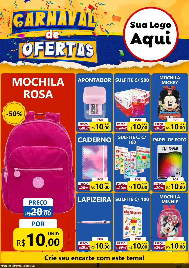 Modelo de Encarte para Encarte A4 Vertical com o tema Carnaval de Ofertas para Papelaria