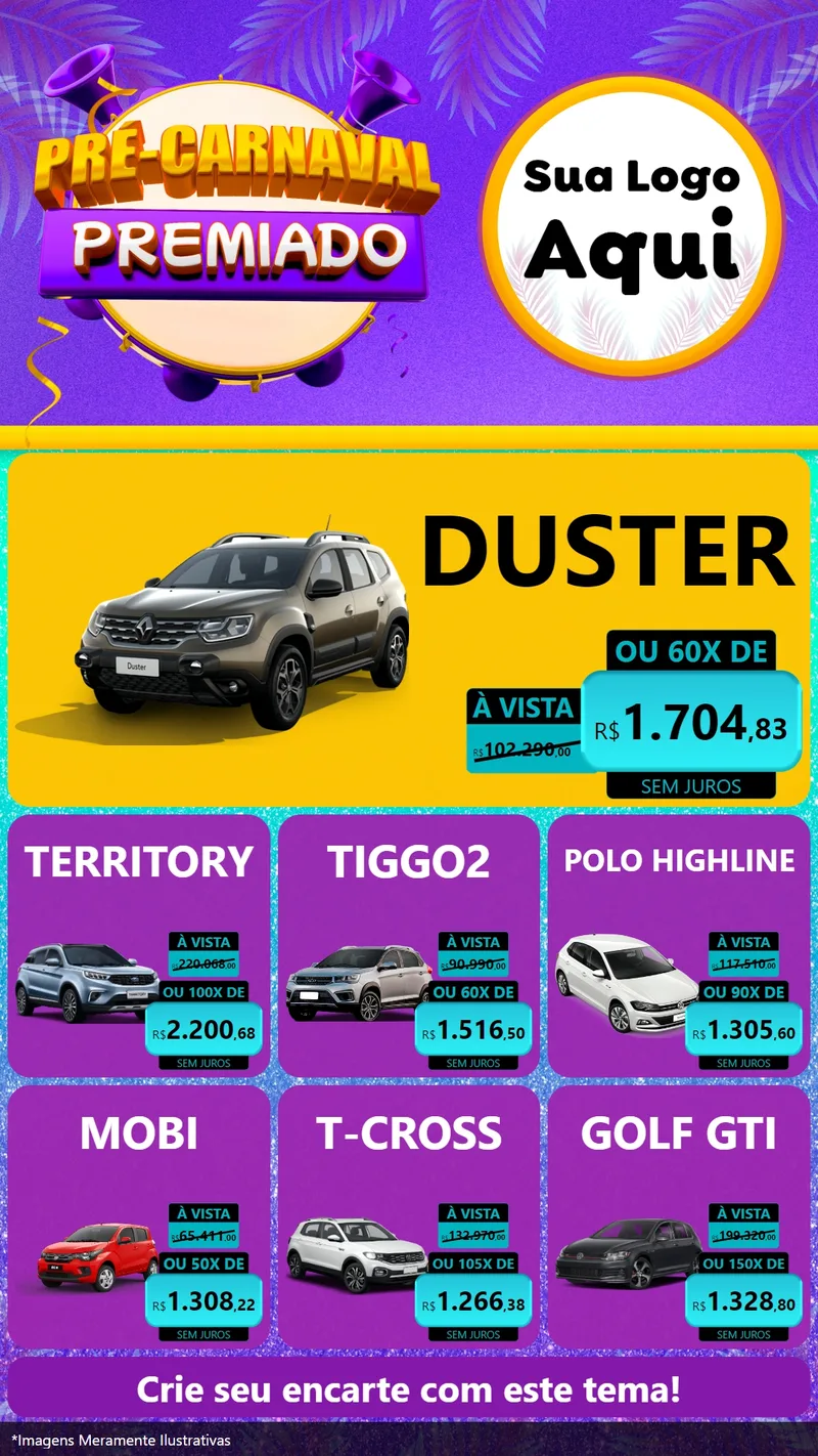 Modelo de Rede Social para Stories com o tema Pré-Carnaval Premiado para Concessionaria de Carros