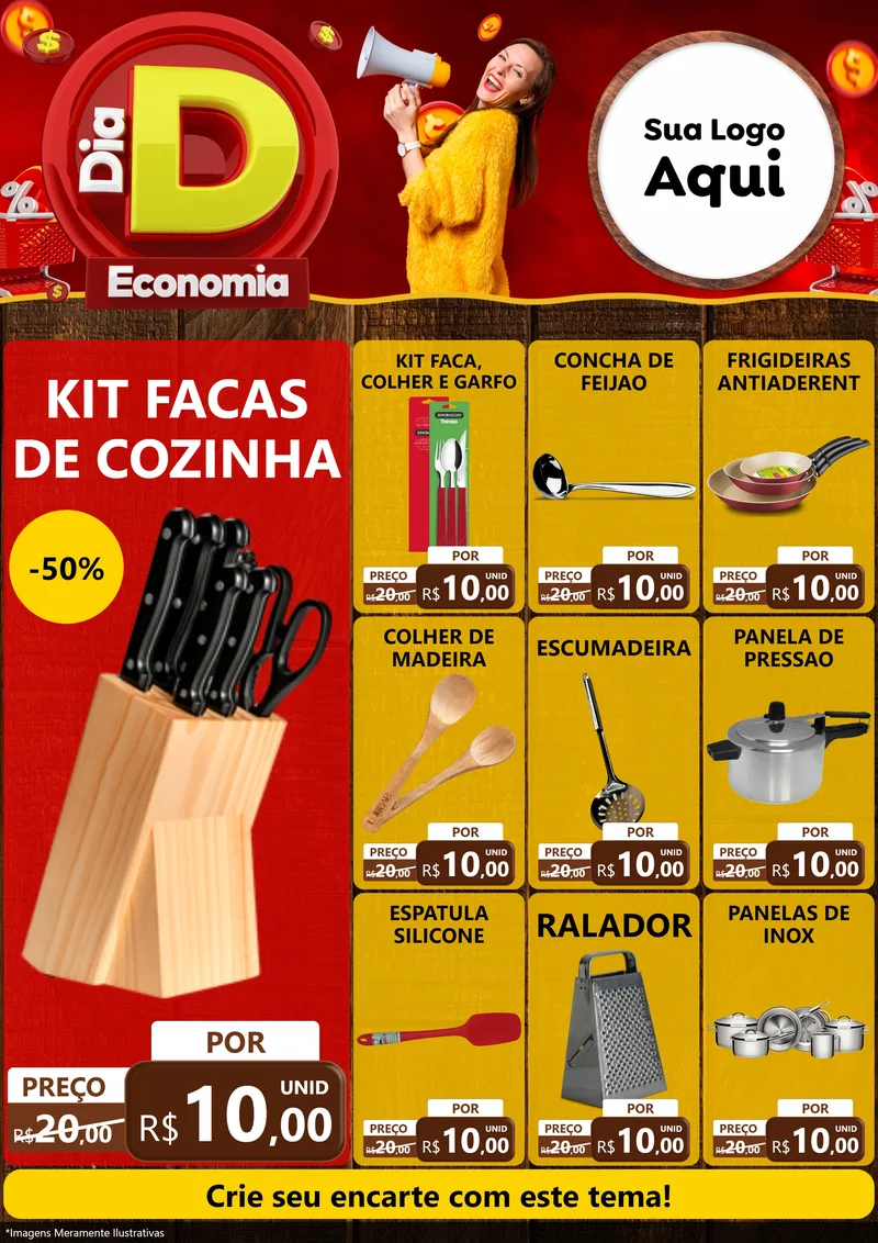 Modelo de Encarte para Encarte A4 Vertical com o tema Dia D Economia para Utilidades Domésticas