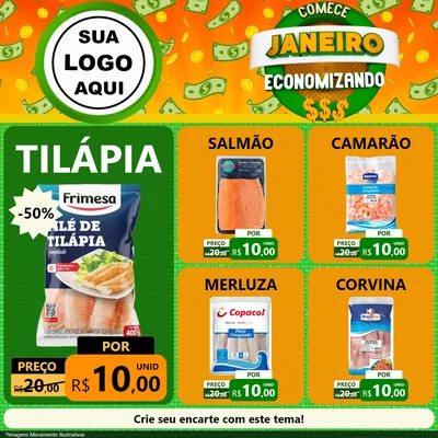 Modelo de Rede Social para Feed Facebook com o tema Comece Janeiro Economizando para Peixaria