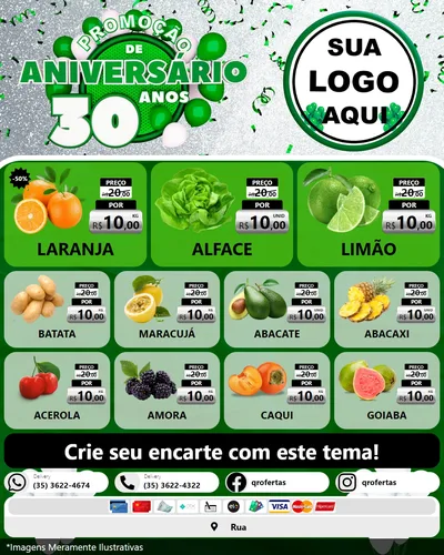 Modelo de Rede Social para Feed Instagram com o tema Promoção de Aniversário - 30 Anos para Hortifrúti