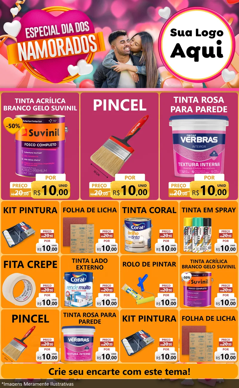 Modelo de Encarte para Encarte Grande com o tema Especial Dia dos Namorados para Tintas e Ferramentas