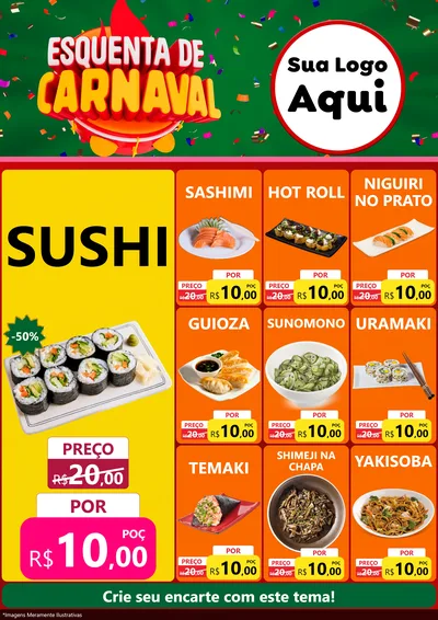 Modelo de Encarte para Encarte A4 Vertical com o tema Esquenta de Carnaval para Comida japonesa