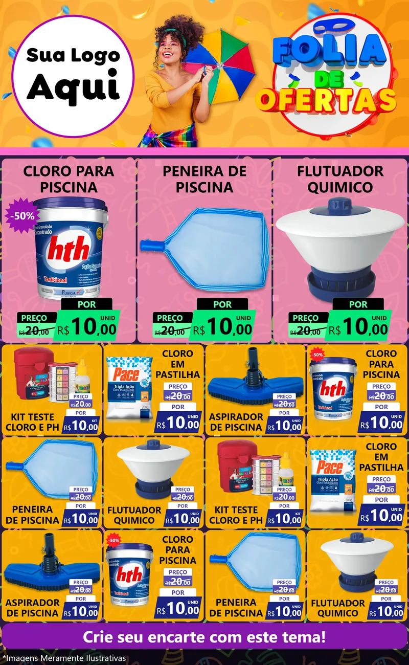 Modelo de Encarte para Encarte Grande com o tema Folia de Ofertas para Produtos para Piscina