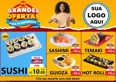 Modelo de Encarte para Encarte A4 Horizontal com o tema Grandes Ofertas Para Economizar! para Comida japonesa
