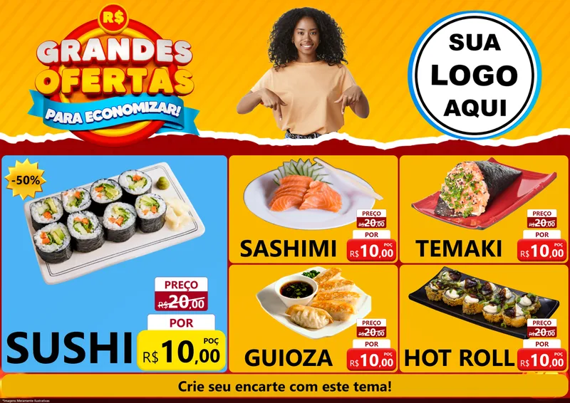 Modelo de Encarte para Encarte A4 Horizontal com o tema Grandes Ofertas Para Economizar! para Comida japonesa