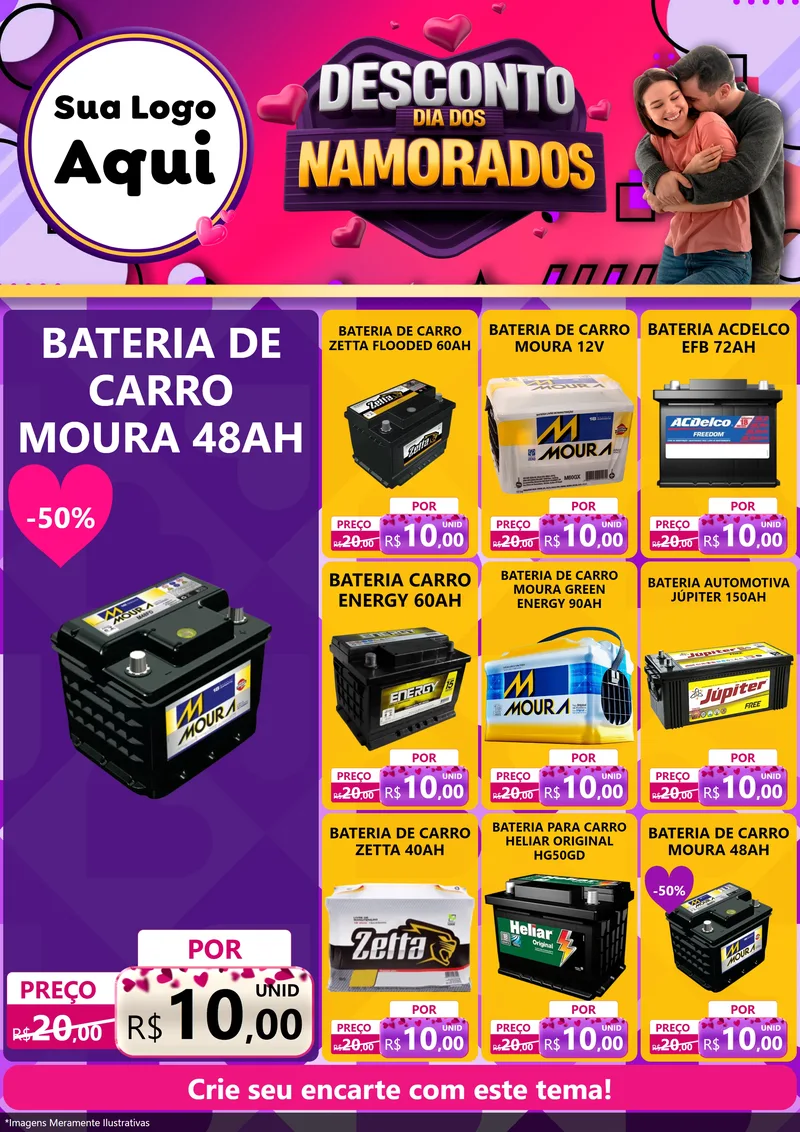 Modelo de Encarte para Encarte A4 Vertical com o tema Desconto Dia dos Namorados para Baterias Elétricas