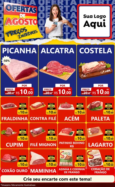 Modelo de Encarte para Encarte Grande com o tema Ofertas de Agosto - Preços Incríveis para Açougue