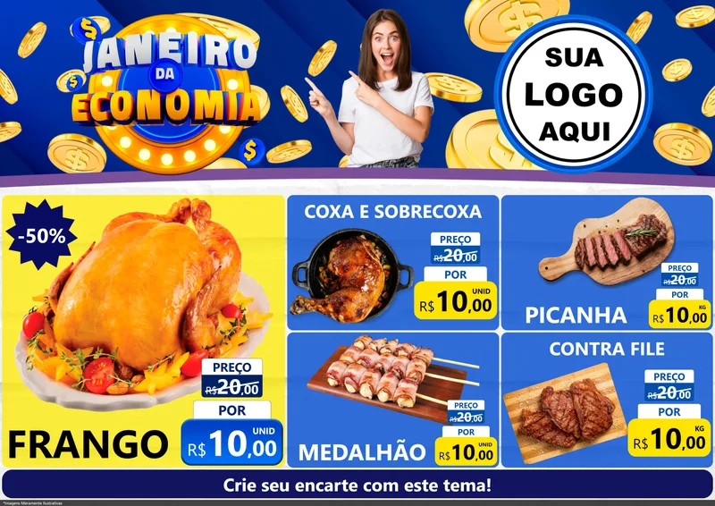 Modelo de Encarte para Encarte A4 Horizontal com o tema Janeiro da Economia para Assados